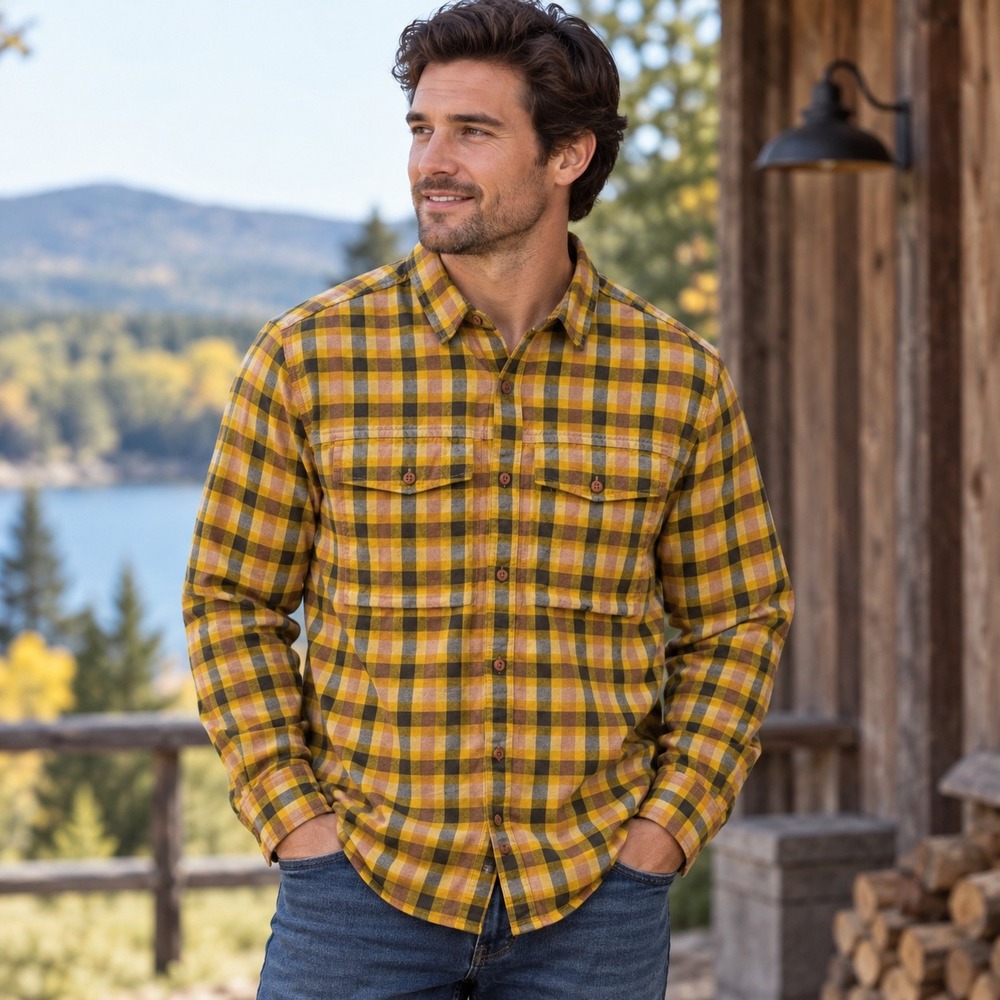 REI Cooperative Flannel Shirt Mens Large Yellow Excellent Plaid Wallace Lake